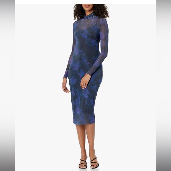 Steve Madden Vivienne navy multi sheer mesh turtleneck midi Dress size medium - Picture 4 of 4